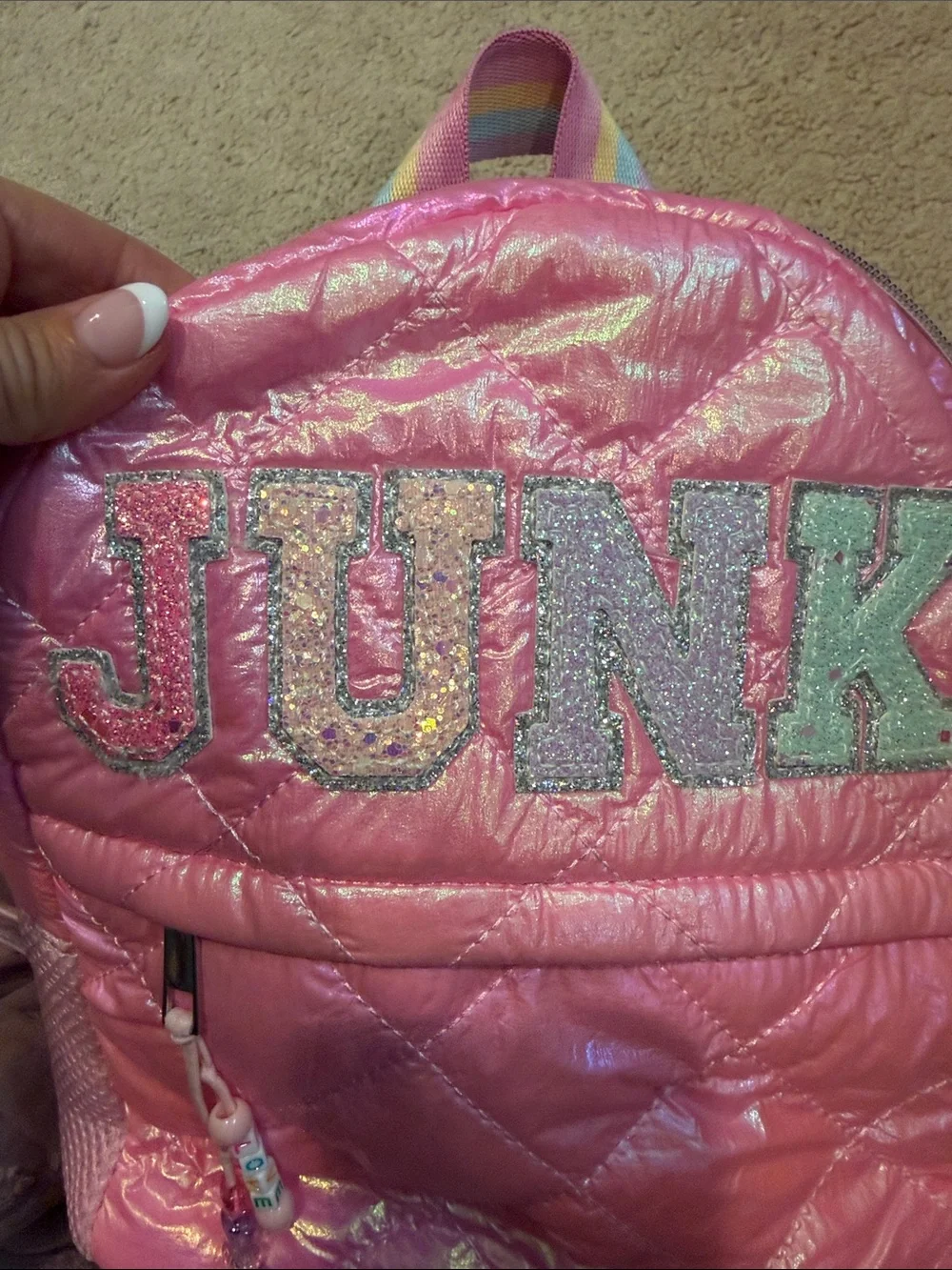 Pink Kids Backpack with 'JUNK' Glitter Patch like new
